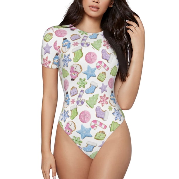 Fotbe Pastel Christmas Cookies Body de Mujer con Cuello Redondo y Mangas Cortas, Sin Mangas Ajustado, Suave, Cómodo y Básico-X-Large