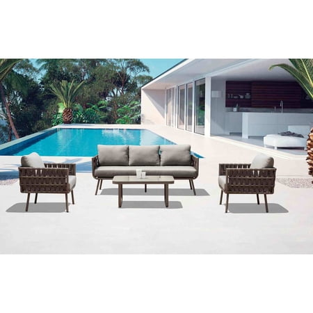 Whiteline Modern Living Oasis indoor / Outdoor Living Collection (Sofa 2 chairs and coffee table) aluminium legs powder-coating finish in taupe rope weaving and Olifen fabric cushions