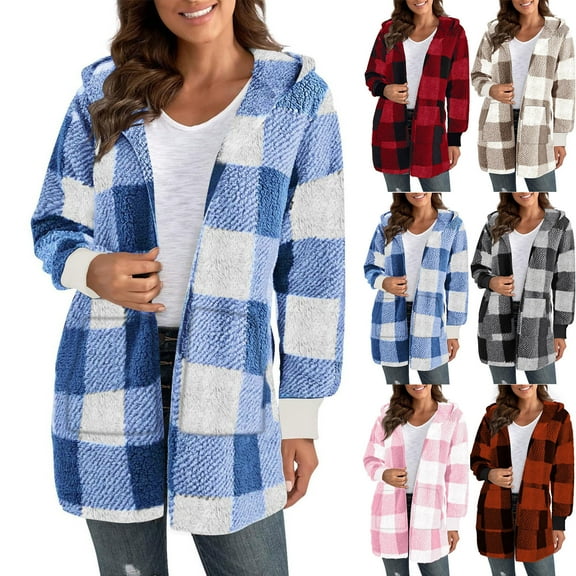 Oksale Fleece Check Jacket for Women with Pockets Winter Fuzzy Fleece Hooded Jackets Shacket Long Sleeve Open Front Coats Warm Soft Cozy Outerwear 2025 Pink S