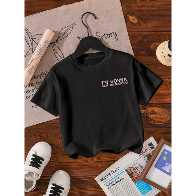 Girls' Pony Club Graphic T-Shirt - "I'm Gonna Keep on Dancing" Double-Sided Print, Soft Cotton Blend, Comfortable & Versatile for Spring/Summer/Fall, Cute T Shirt, Knit
