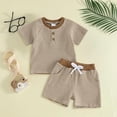 thumbnail image 2 of Gubotare Toddler Baby Boy Clothes 6 12 18 Months 2T 3T Summer Outfit Waffle Knitted Stripe Casual T-shirt Tops Shorts Sets Brown,Size 3-6 Months, 2 of 5