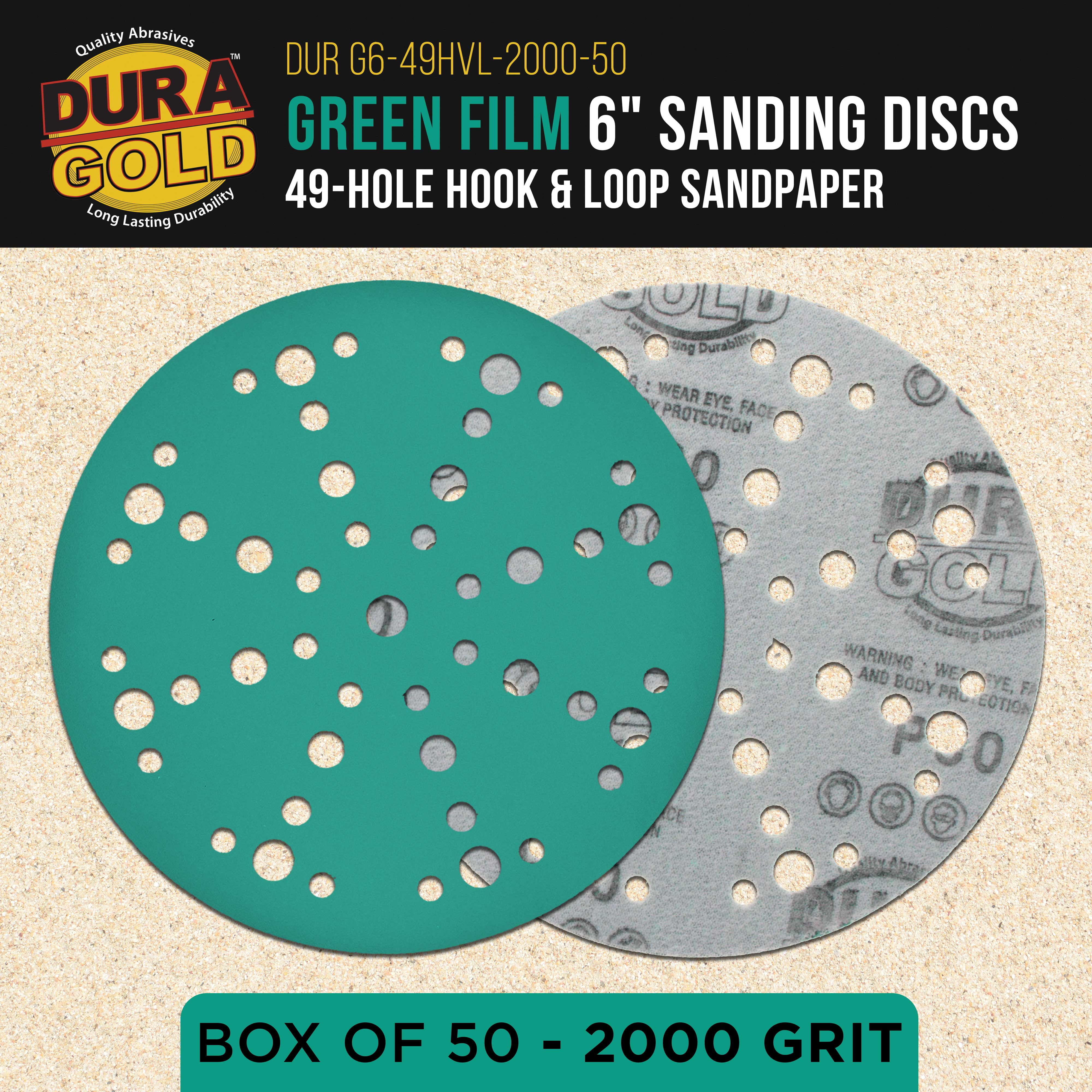 Dura-Gold Premium 2000 Grit 6" Green Film Sanding Discs, 49-Hole Pattern, Box of 50 - Heavy-Duty Dustless Hook & Loop Backing Sandpaper for DA, Random Orbital Sander, Detail Color Sand Auto Paint Wood