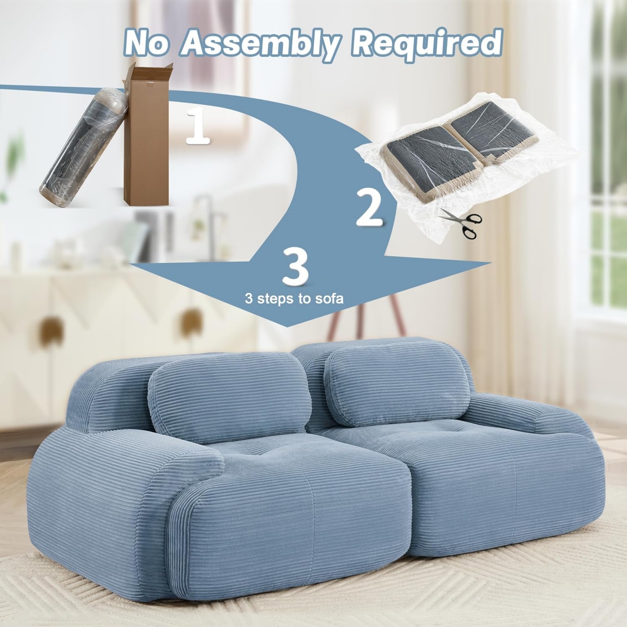 DEALTOPS 82" Oversized Corduroy Loveseat Sofa, Comfy 2-Seater Couch for Living Room & Bedroom, No Assembly, Blue