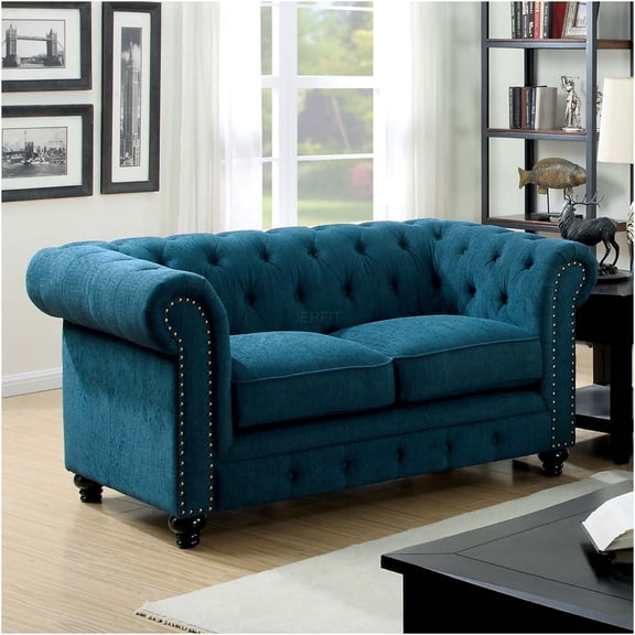 JERFIT Chesterfield Style Loveseat Sofa with Button Tufted Back and Rolled Arms for Living Room, Teal