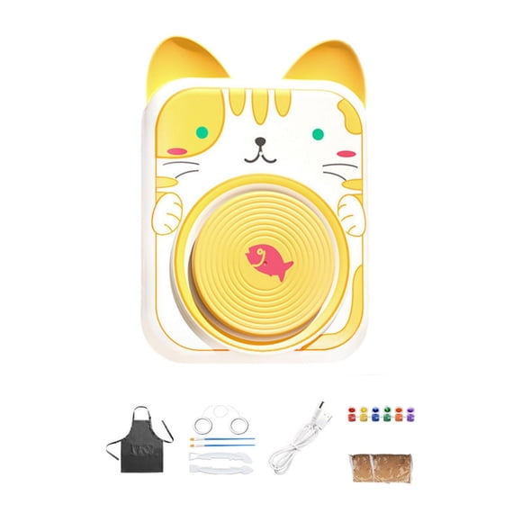 KLKCMS Electric Pottery Wheel Set for Kids Apron Beginner Artwork Porcelain Machine Cat