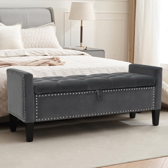 Dark Grey Velvet Tufted Storage Ottoman Bench, 46 Inch End Of Bed