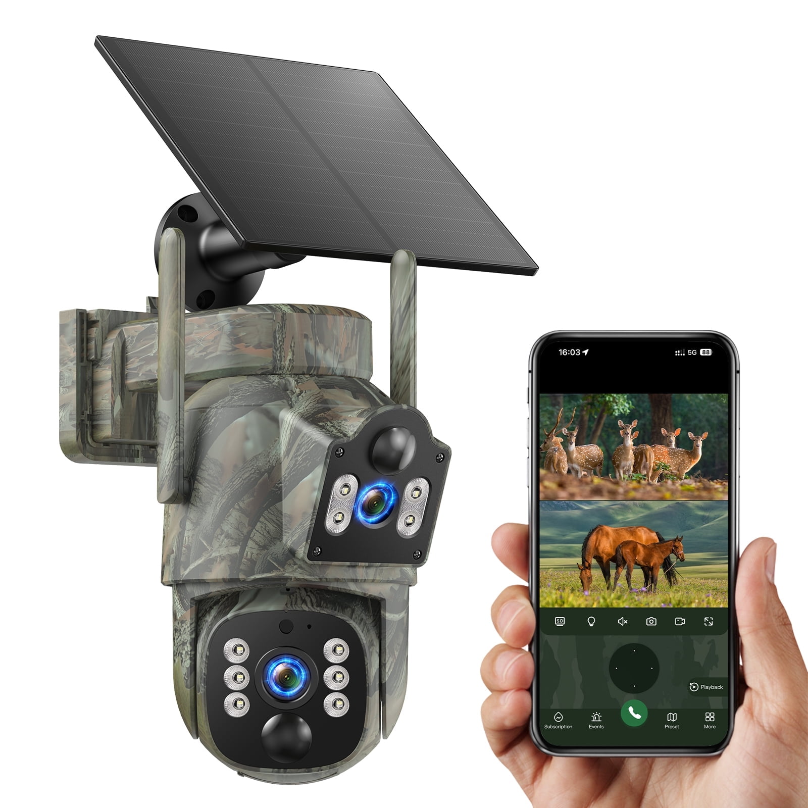Campark 4G LTE Cellular Trail Camera Dual Lens Dual Pir Solar Powered 2K Hunting Game Cam 360° Live View Color Night Vision No WiFi