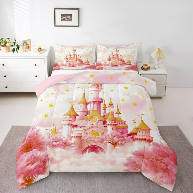 Erosebridal Ensembles de Literie Château Rose Double avec Couette, Ensemble de Literie Princesse de Rêve Double avec Couette, Insert de Couette Réversible Fleurs de Cerisier, Déco de Chambre Ultra Douce, 3 Pcs
