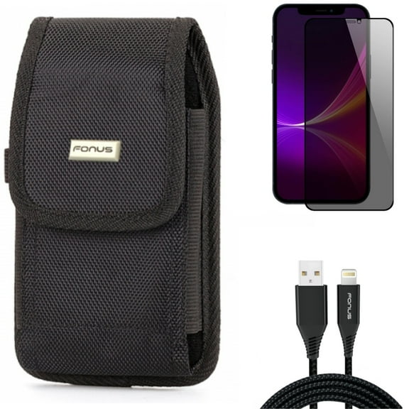 10ft USB Cable & Case Belt Clip & Privacy Screen Protector for iPhone 13 Pro Max ONLY - Charger Cord Power Wire   Swivel Holster Rugged   Tempered Glass Curved Anti-Spy Combo
