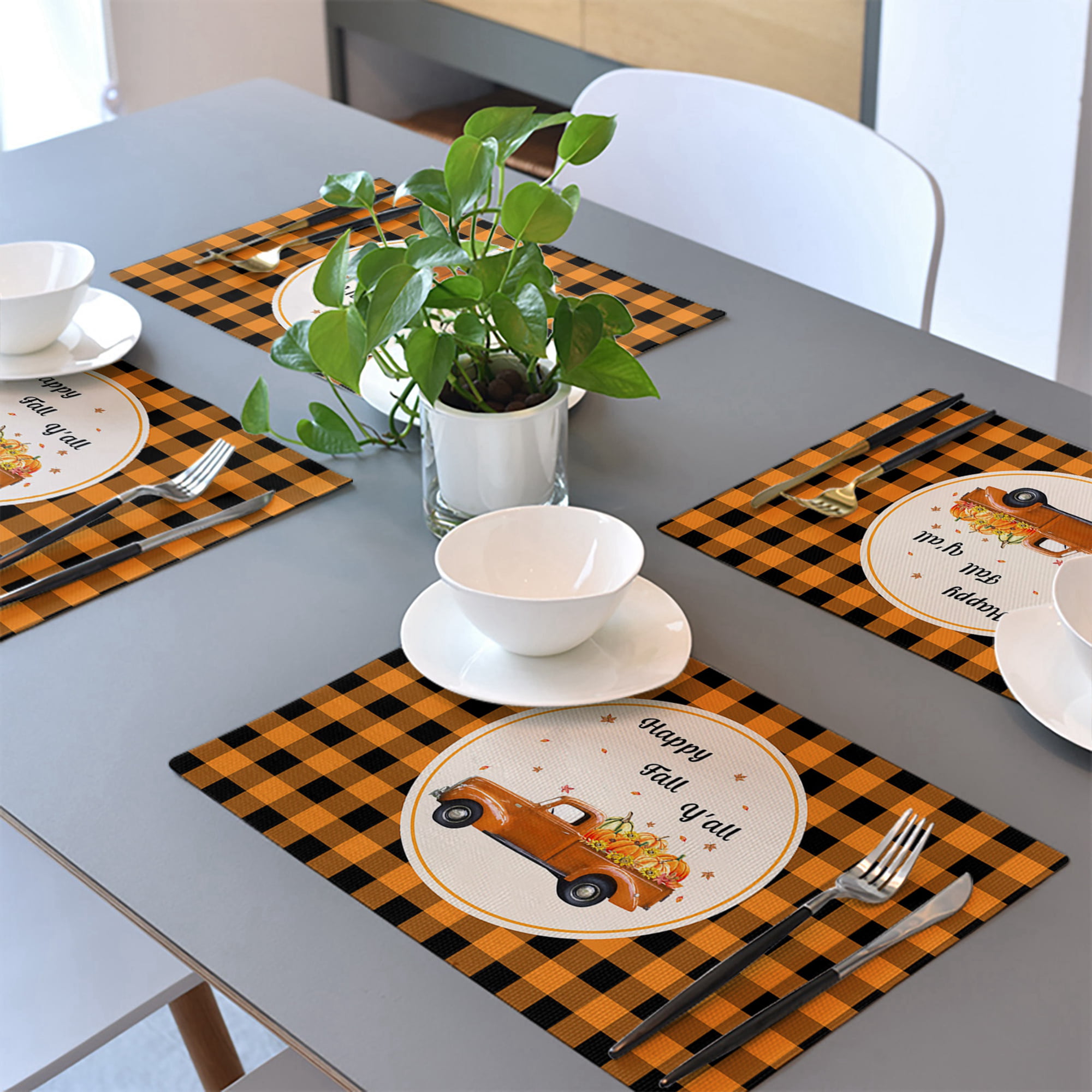 Thanksgiving Day PVC Placemats for Dining Tables,Set of 4 Kitchen Table  Mats Vintage Leaf Branch and Pumpkins Waterproof Wipeable Placemat for  Indoor