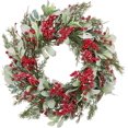 thumbnail image 1 of Corona navideña artificial de 20 pulgadas para puerta con hojas de orejas de cordero, corona de invierno con nieve artificial y bayas rojas, decoraciones navideñas con agujas de pino para la, 1 of 6
