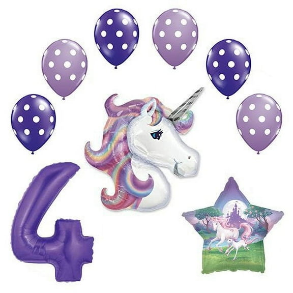 Lavender Unicorn Polka Dot Latex Rainbow 4th Birthday Party Balloon supplies and decorations