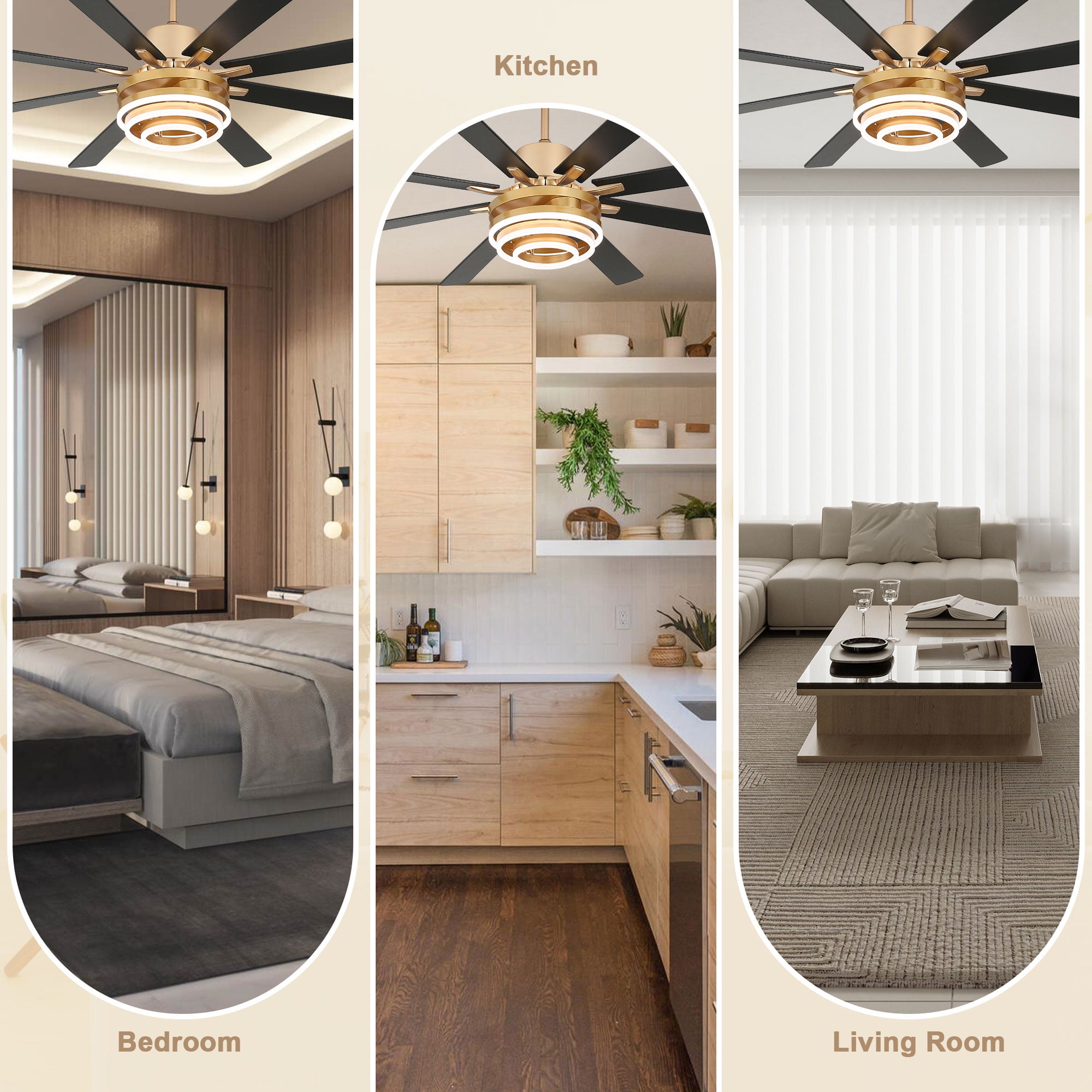 Bella Depot 72" Modern LED Gold Ceiling Fan 6-Speed Reversible DIY Shape Chandelier With Dimmable Light and Remote Control