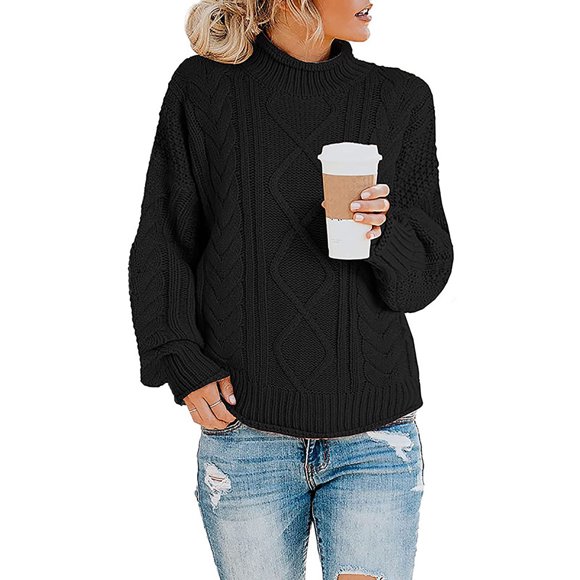 EGNMCR Chandails pour Femmes Décontractés Unis à Manches Longues Épais en Tricot Chandail à Col Roulé Manteau, Cadeaux pour Femmes