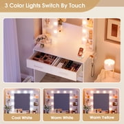 Furmax Makeup Vanity Desk with 3 Modes Adjustable Lights and Mirror Vanity Table with Shelves and Drawers, White