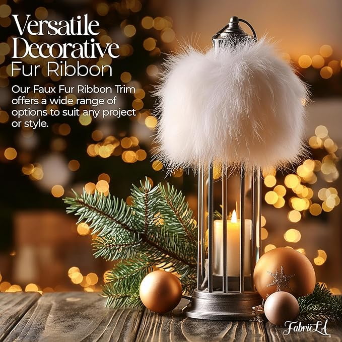 FabricLA Faux Fur Ribbon Trim Fabric - 3" Wide x 72" Long (6 FT) - Soft Christmas Fur Great for Crafting, Sewing, and Decorating - White