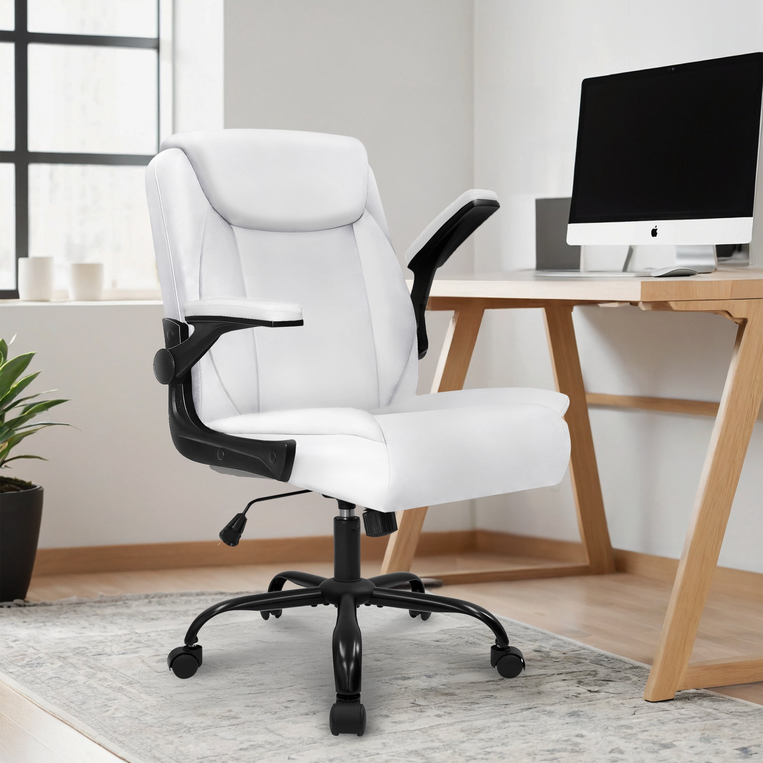 NEO CHAIR Desk Office Gaming Computer Chair Ergonomic Executive Mid-Back Leather with Adjustable Padded Flip-Up Armrests Cushion Wheels Swivel for Home Study Task (White)