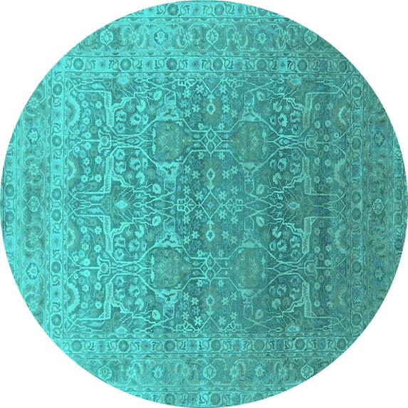 Ahgly Company Machine Washable Indoor Round Oriental Turquoise Blue Industrial Area Rugs, 7' Round