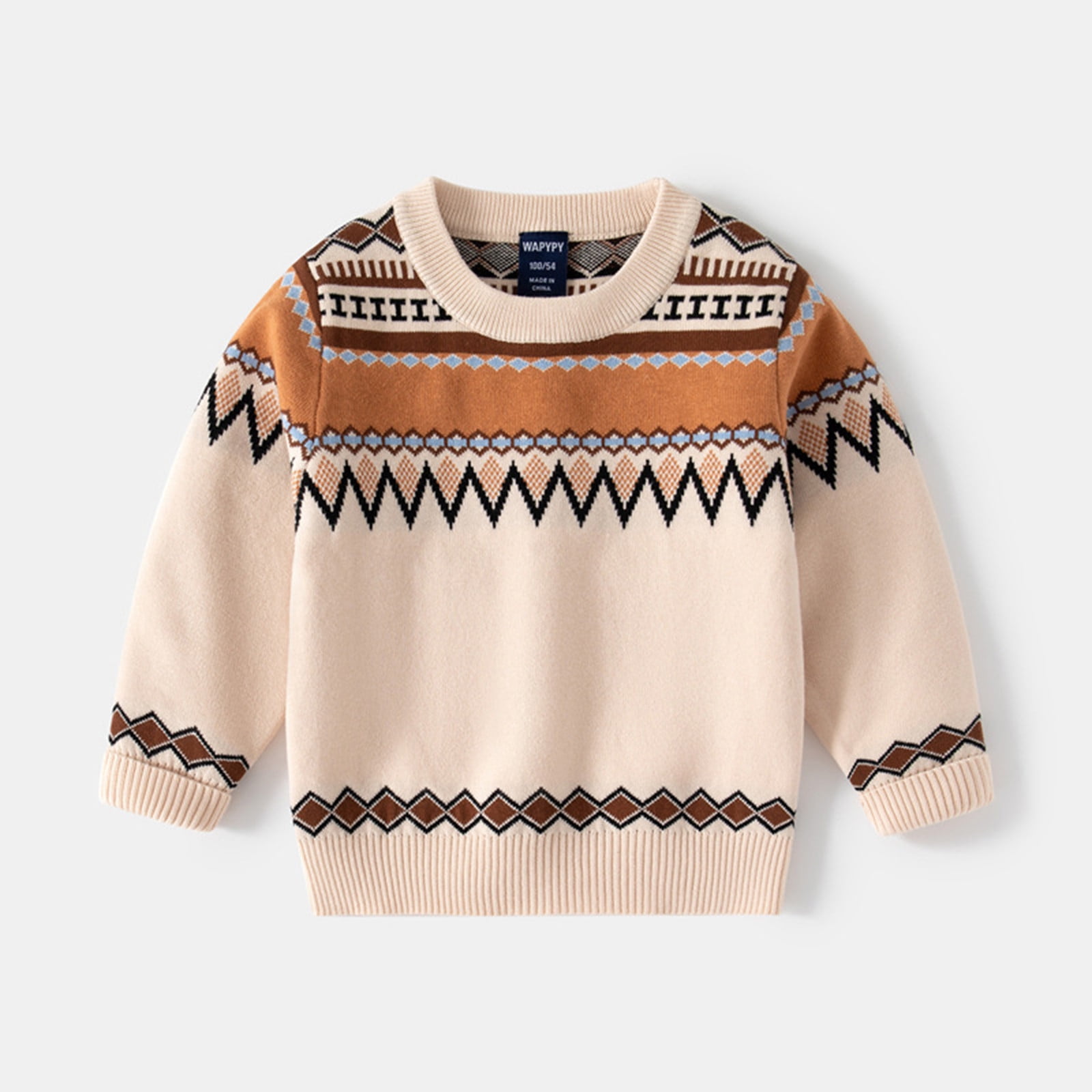 Boys Sweaters Children Classic Jacquard Print Apricot Brown Over Winter  Long Sleeve Knit Sweater Boys