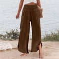 thumbnail image 5 of QHFBli Womens Wide Leg Linen Pants Smocked Elastic Waist Ruffle Hem Palazzo Pants Summer Loose Comfy Beach Pants with Pockets, 5 of 5