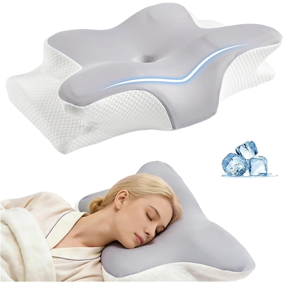Ergo Memory Foam Cervical Neck Pillow, Orthopedic Contour Pillow for Neck Pain Relief, Odorless Cooling Breathable Pillowcase for Healthy Deep Sleep（Grey）