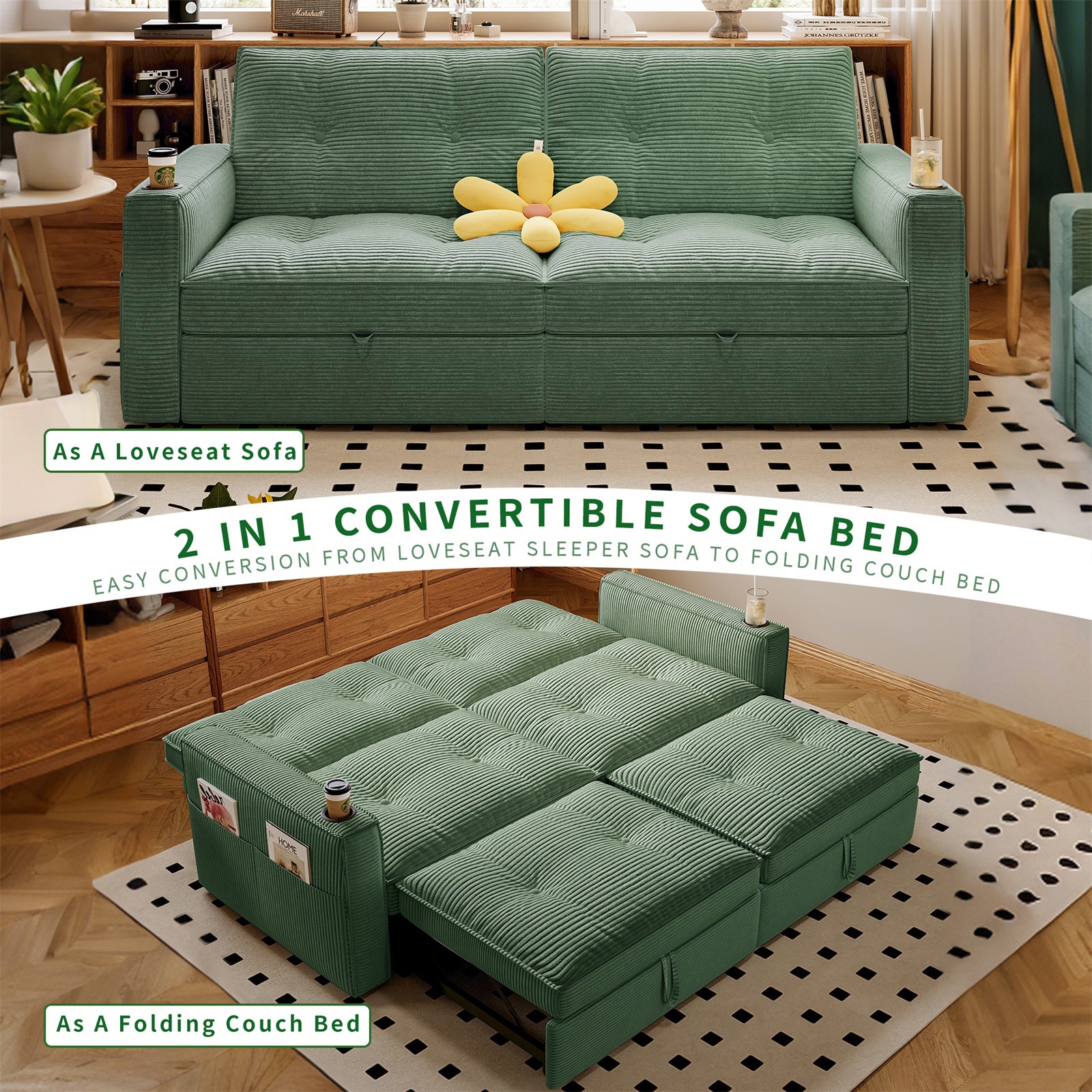 Hommoo 70" Convertible 2-in-1 Pull Out Couch Bed, Multi-Functional Corduroy Loveseat Sleeper Sofa Bed, Green