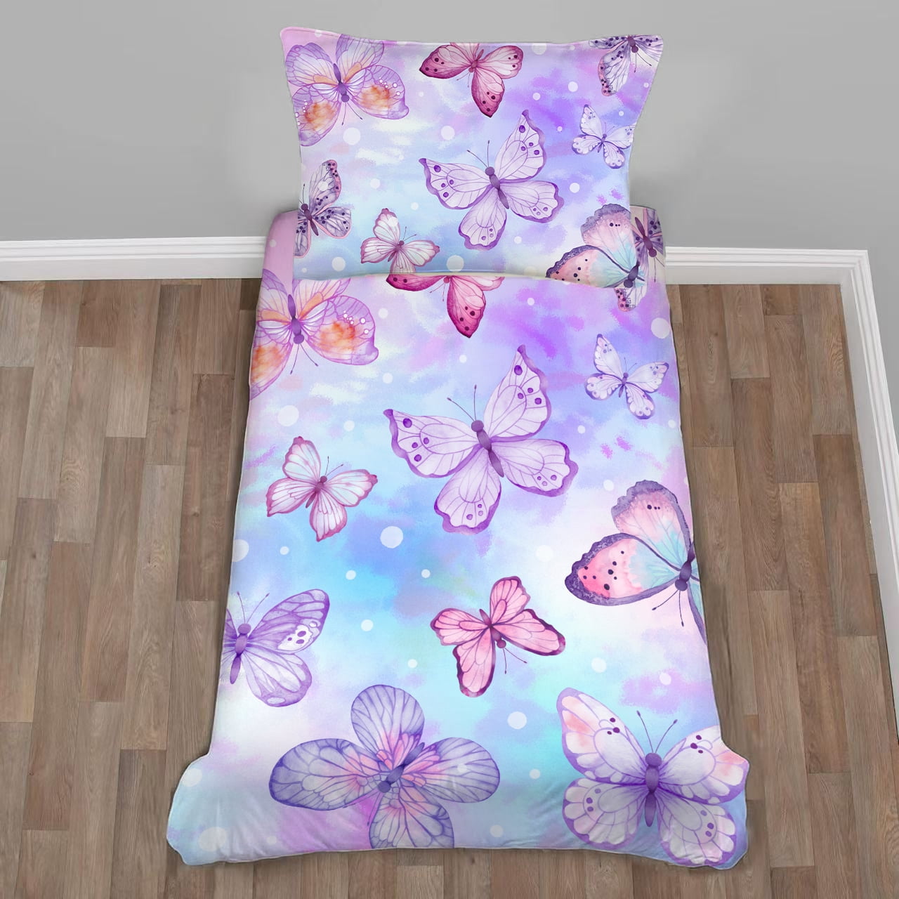 Toddler Bedding Sets for Babys Boys Girls Kids Blue Purple Tie Dye Butterfly Toddler Crib Comforter Set Flat Sheet Fitted Sheet and Pillowcase 4 Pieces