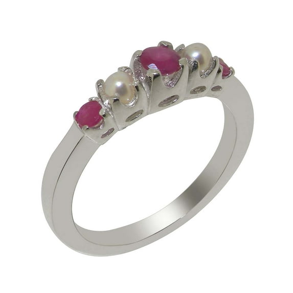 LBG British Made Real Solid 10k White Gold Natural Ruby & Cultured Pearl Womens band Ring - 33 size options - Size 6.25