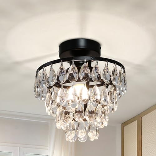 Small Crystal Ceiling Light, Matt Black Semi Flush Mount Ceiling Light Fixture, Mini Closet Chandelier for Bathroom, Modern Chandeliers for Dining Room Bedroom Hallway Foyer Kitchen