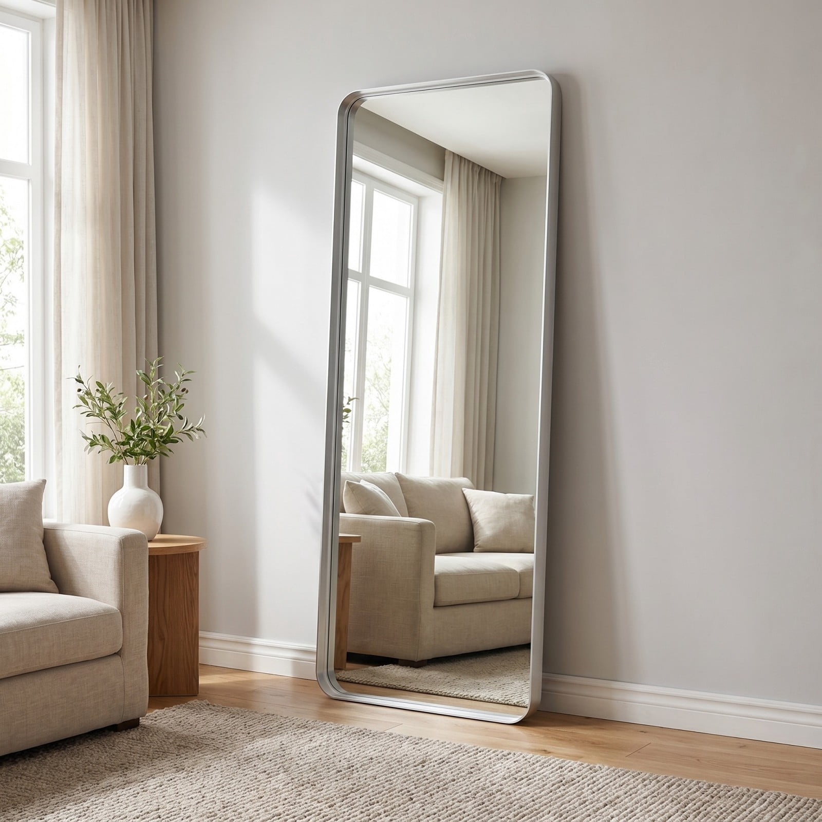 Gleamira 28"x60" Full Length Mirror Floor Mirror Rounded Corner Mirror with Deep Frame, Silver