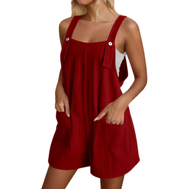 Mono de verano liso con botones para mujer - Mono informal sin mangas con tirantes ajustables y bolsillos laterales