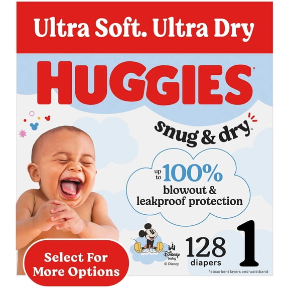 Huggies Snug & Dry Baby Diapers, Size 1 (8-14 lbs), 128 Count (Select for More)