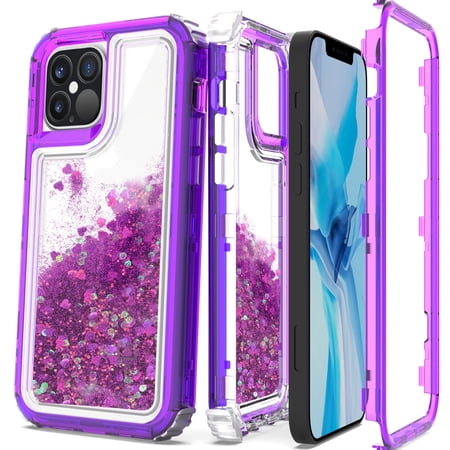 CoverON Apple iPhone 12 Pro Max Case (6.7"), Liquid Glitter Military Grade Heavy Duty Full Body Clear Bling Quicksand Cover, Purple