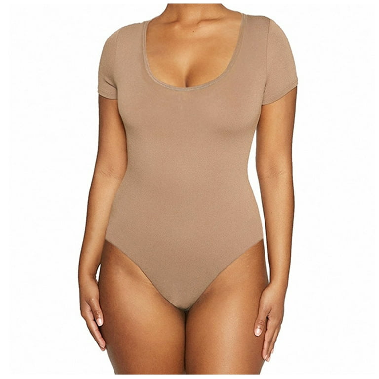 Bodysuit for Women Tummy Control Shapewear Seamless Round Neck Short Sleeve  Thong Body Shaper Basic T Shirt Jumpsuit