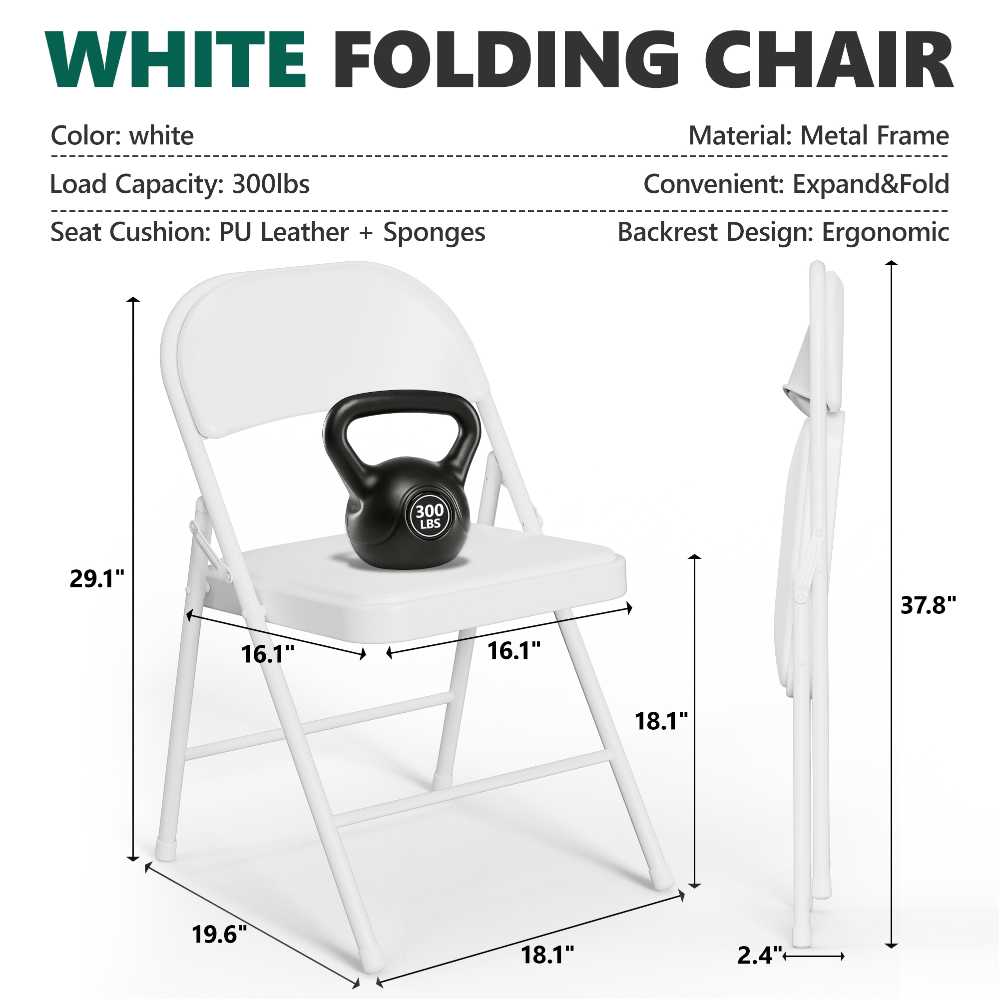 HaiCube 2-Pack PU Leather Folding Chair, White photo 2