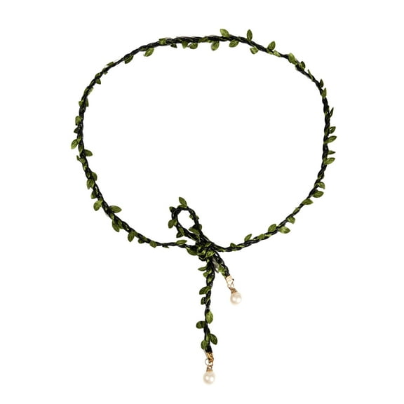 lanema Women Green Leaf Waist Belt Vintage Adjustable Belt with White Pearl Pendant