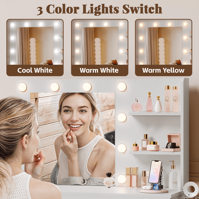 Homall Vanity Table Set with Lights, Mirror & Storage, Makeup Vanity Desk with Power Outlet for Bedroom, White