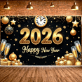 thumbnail image 6 of Golden Theme Happy New Year Banner Sparkling Design 2026 New Year Display Clock Champagne Glass Decor New Year Backdrop for New Year Party New Year Eve Holiday Celebration, 6 of 9