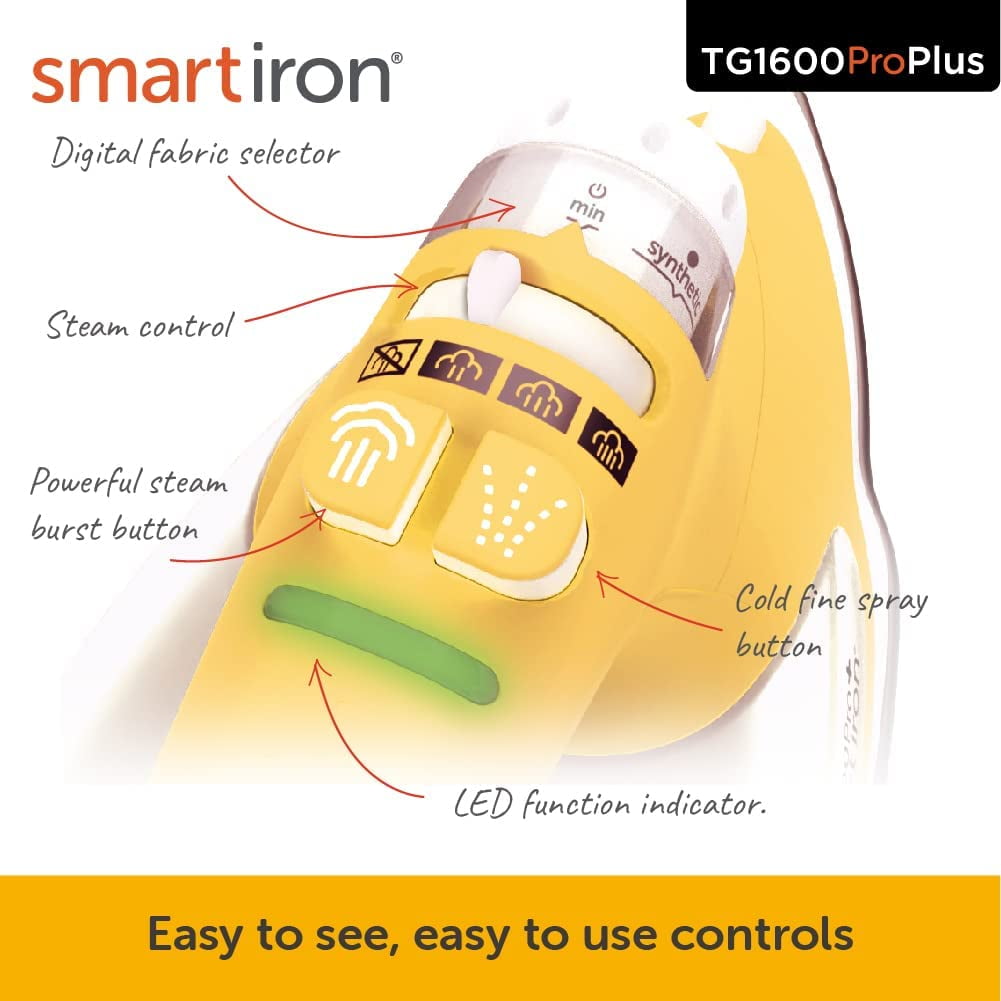 Oliso TG1600 Pro Plus 1800 Watt SmartIron with Auto Lift - for Clothes, Sewing, Quilting and Crafting Ironing | Diamond Ceramic-Flow Soleplate Steam Iron, Yellow