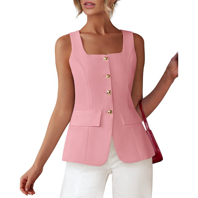 Chaleco elegante y casual blazer BTFBM para mujer, cuello cuadrado, color rosa XXL
