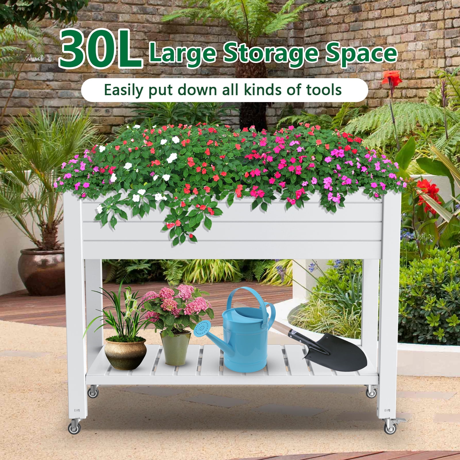 Joxxoaa Raised Garden Bed with Legs,Self-Watering Resin Planter Box with Lockable Wheels Drainage Plug and Gauge for Vegetables, Flowers, Storage Shelf for Tools and Accessories (White)