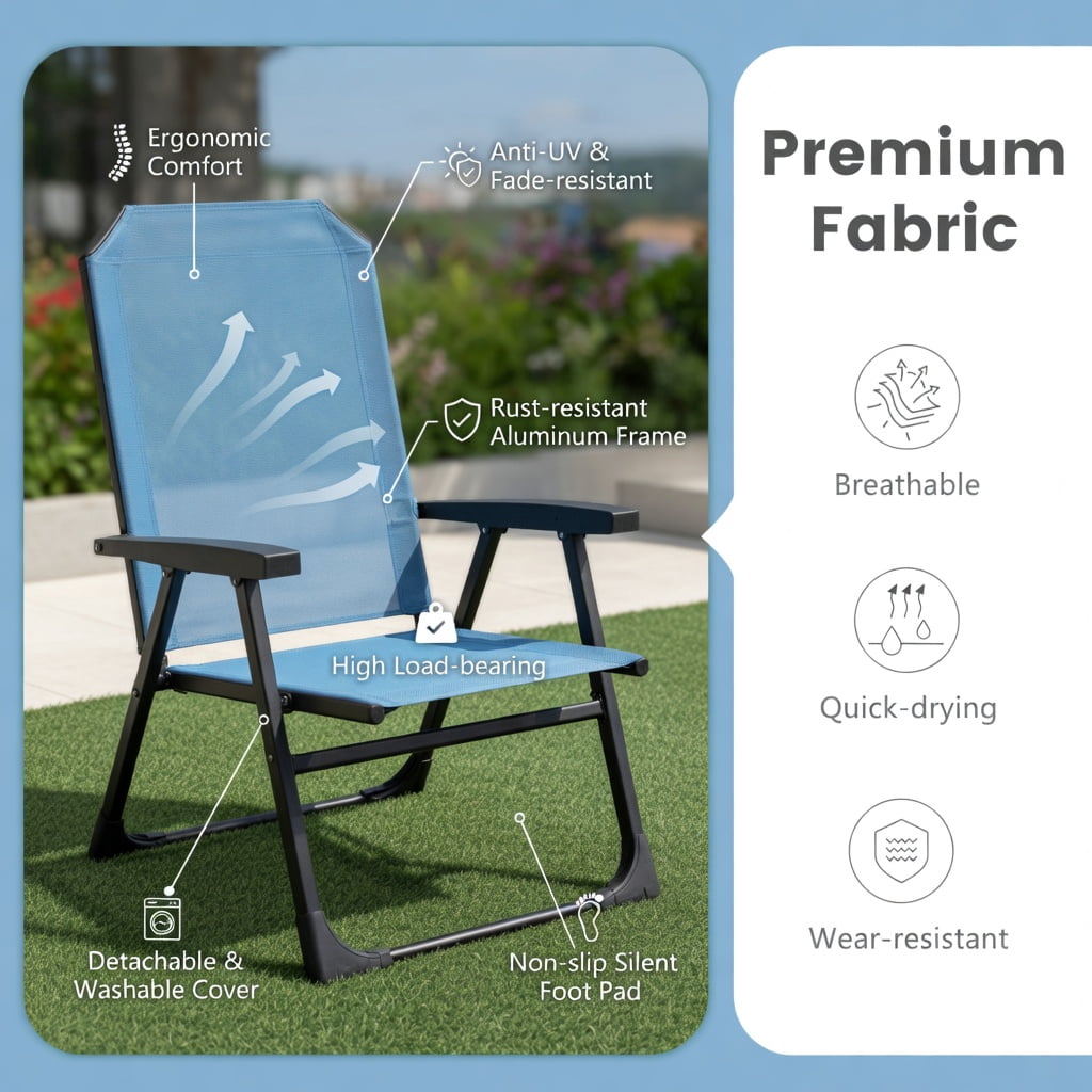 Hommoo 2-Pack Folding Patio Dining Chairs with Armrests, Metal Outdoor Chairs, No Assembly Required, Blue