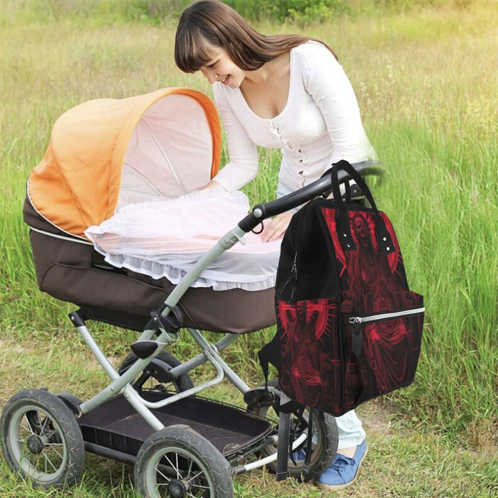 Ratiio Red Gothic Skeleton Throne Mummy Backpack - Waterproof Twill Canvas, Large Capacity Diaper Bag with Multiple Pockets and Adjustable Straps