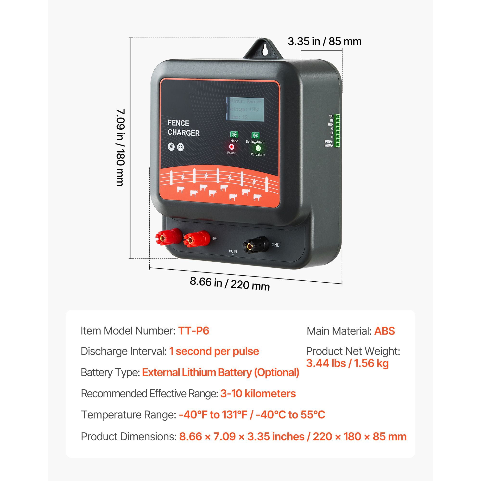 Electric Fence Charger 8/10/12kV 2/3/5J Adjustable Alarm System IP65 3-10km for Livestock Wildlife