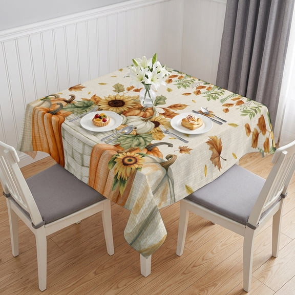 Orange Pumpkins Fall Table Cloth Waterproof Tablecloths, Sunflower Thanksgiving Botanical Rustic Tablecloth Dining Table Cover for Kitchen Party Tabletop Outdoor, Square Tablecloth 60x60 Inch
