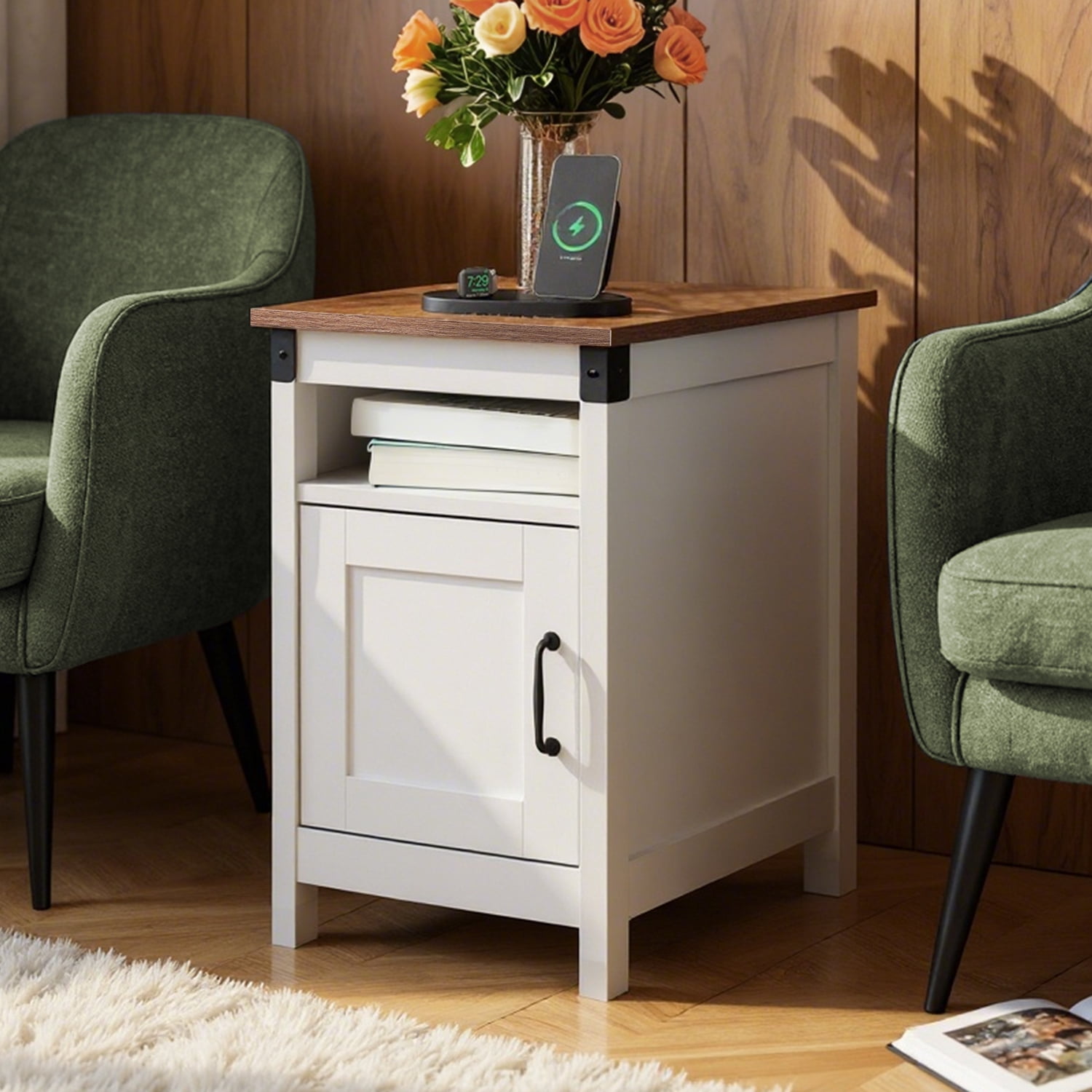 GALAXHERO End Table with Charging Station Narrow Side Table with Storage Night Stand with USB Ports and Outlets Small Wooden Cabinet for Living Room and Bedroom White