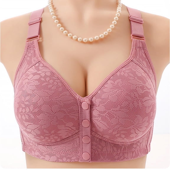 Xdegoge Women's Wide Strap Front Closure Lace Bra Wireless Padded Push-Up Breathable Lace Brassiere Full Coverage Underwear for Gentle Support