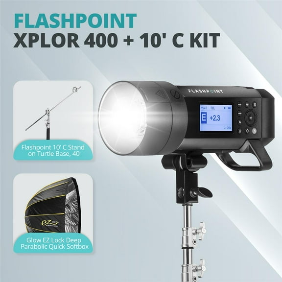 Flashpoint XPLOR 400PRO TTL Battery-Powered Monolight    Flashpoint 10' C (Century) Light Stand Kit w/40in Grip Arm, 2 Gobo Heads and Baby Pin (Chrome)   Glow EZ Lock Deep Parabolic Quick Softbox
