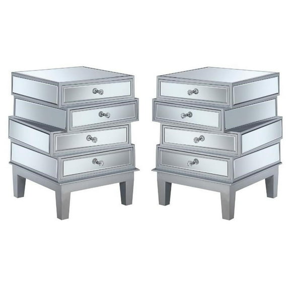 Home Square End Table in Mirrored Glass and Silver Wood Finish - Set of 2