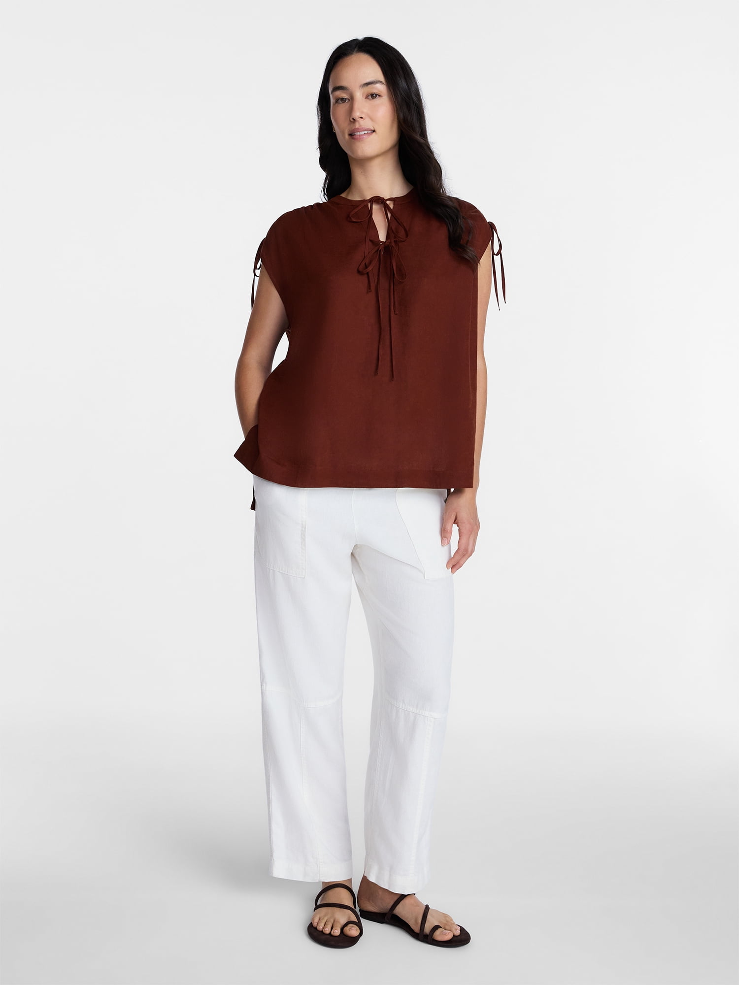 Time and Tru Women’s Linen-Blend Tunic Top with Ruched Sleeves, Sizes XS-XXXL